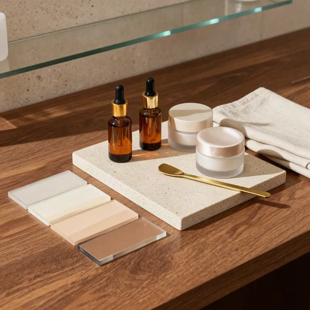 Consulenza skincare con sieri, creme e tessere vetro su lastra di pietra chiara.