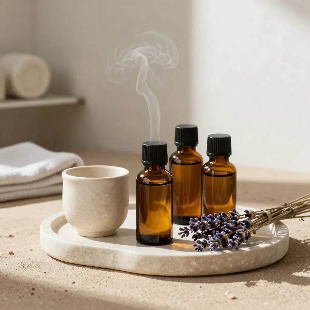 Oli essenziali, diffusore in ceramica e lavanda su travertino con vapore sottile.