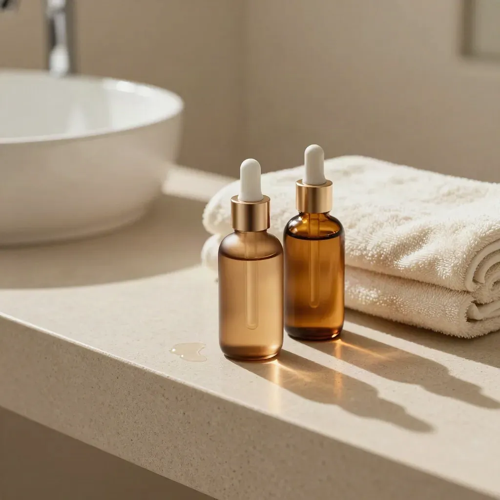 Dettaglio macro di sieri, asciugamano e lavabo spa su pietra sabbia, luce naturale.