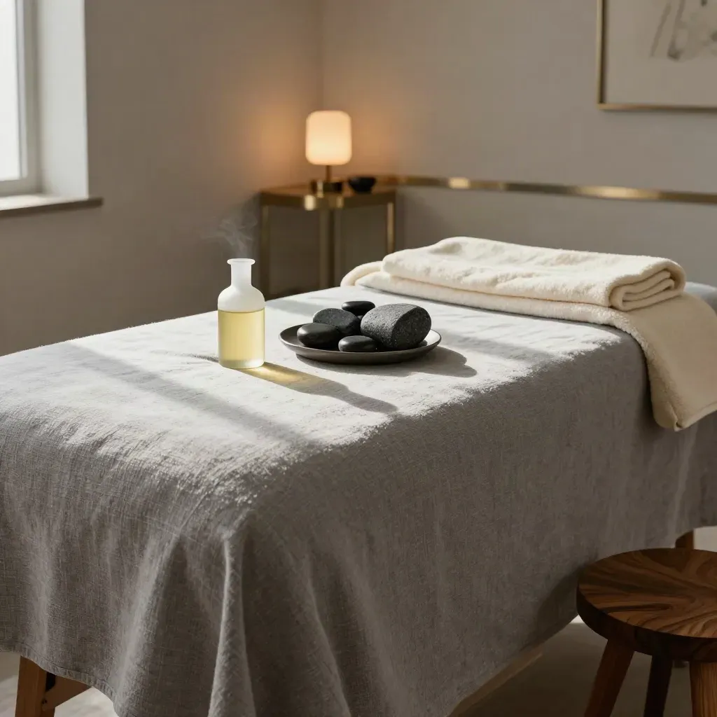 Stanza massaggi con asciugamani arrotolati, pietre basaltiche e olio, luce del tardo pomeriggio.