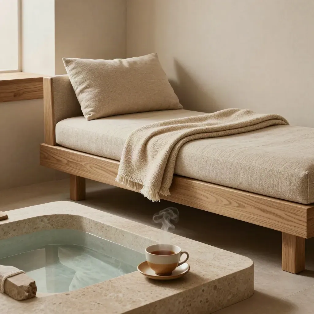 Chaise spa con tisana, coperta piegata e pediluvio in luce cinematografica