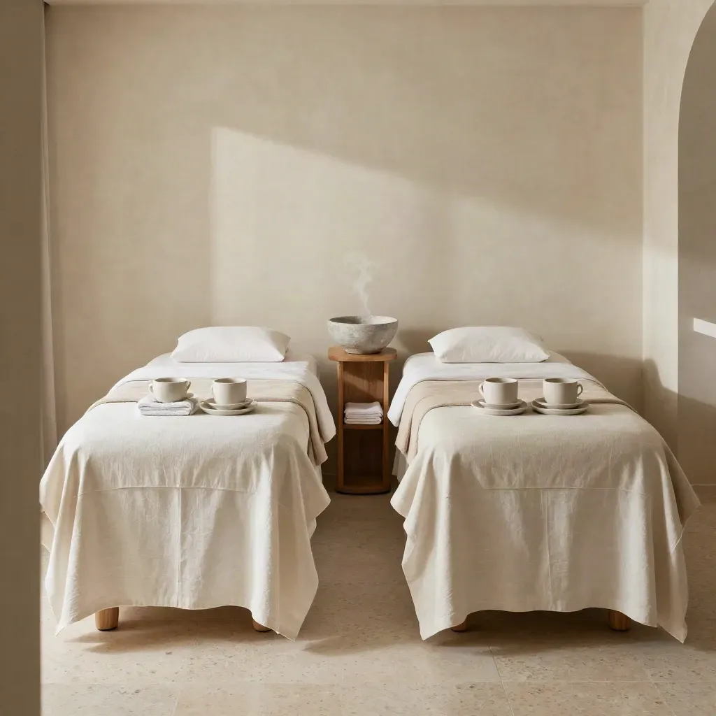 Suite spa con lettini gemelli, tazze di tè e ciotole di pietra, luce calda e vapore.