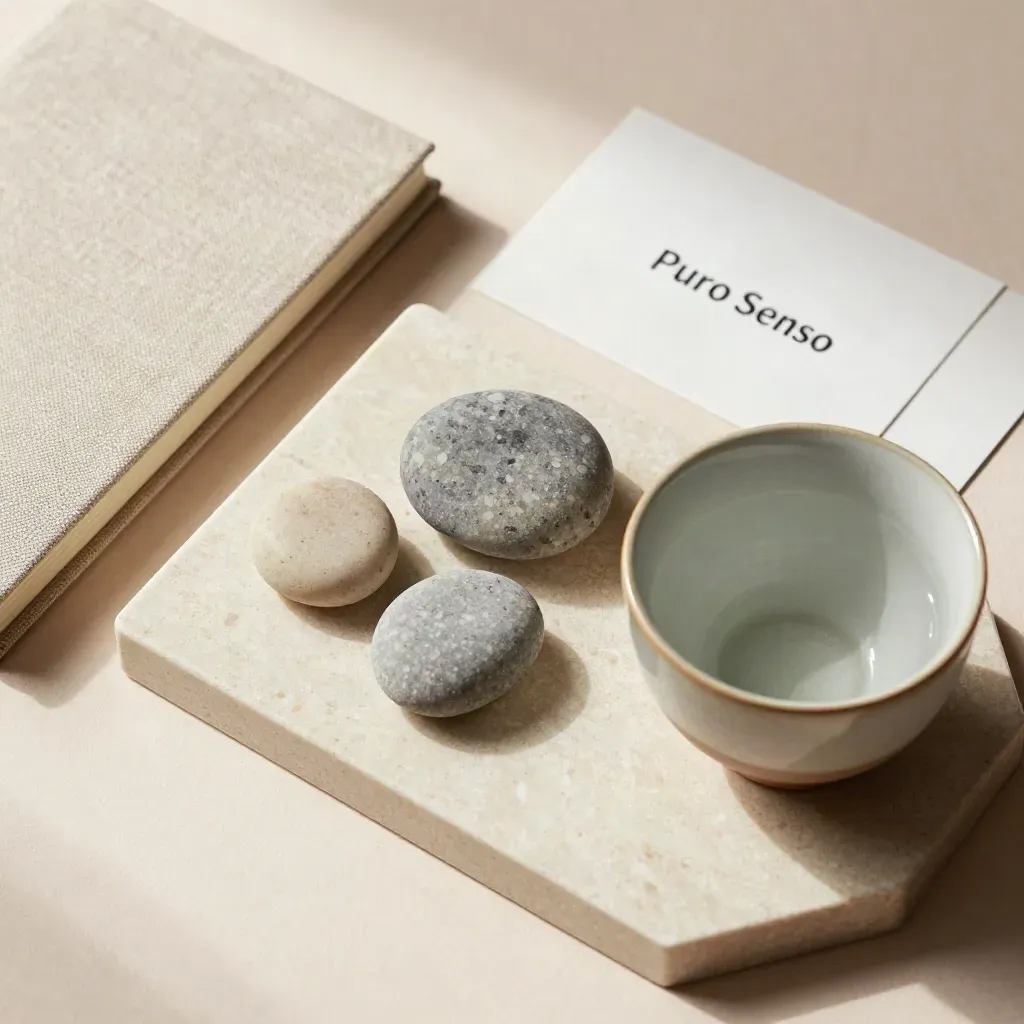 Vassoio consulenza con pietre neutre, quaderno di lino chiuso e tazza in ceramica su fondo pietra