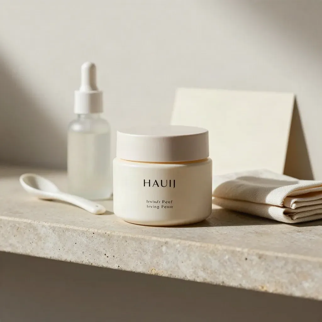Kit aftercare su mensola in pietra con barattolo crema, flacone, cucchiaio e bustina in salvia.