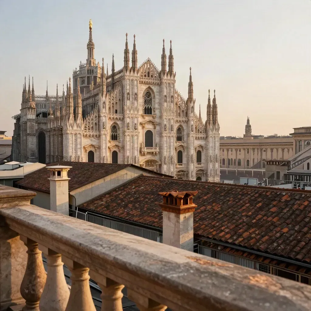 Veduta di Milano Centro con i tetti e le guglie del Duomo nella luce dorata.