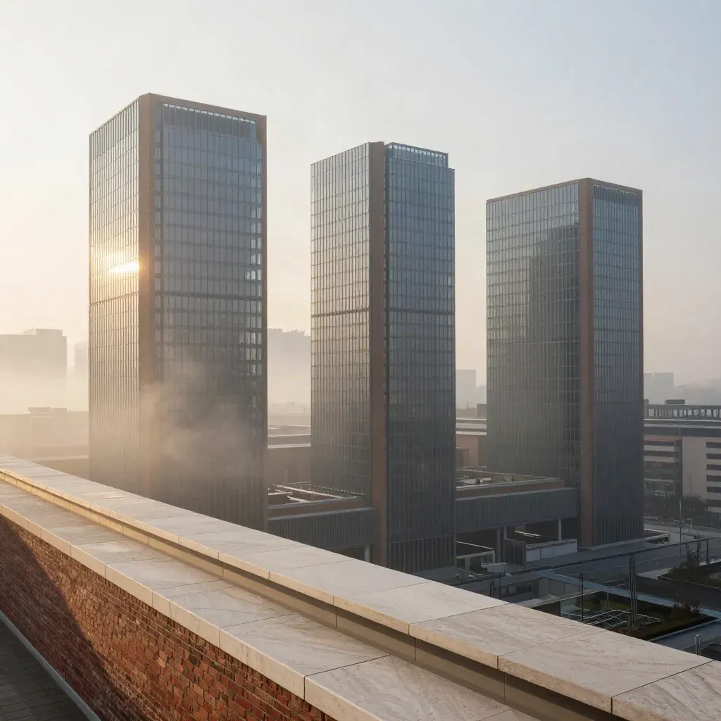 Skyline di Milano Nord tra torri di vetro e mattoni nella nebbia del mattino