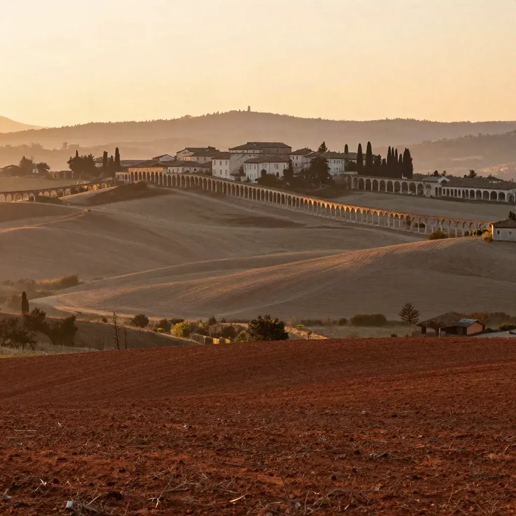 Colline e arcate della Lombardia Ovest al tramonto, con nebbia dorata e spazio vuoto in basso